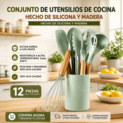 Set De Utensilios Para Cocina X12 Piezas En Silicona Verde