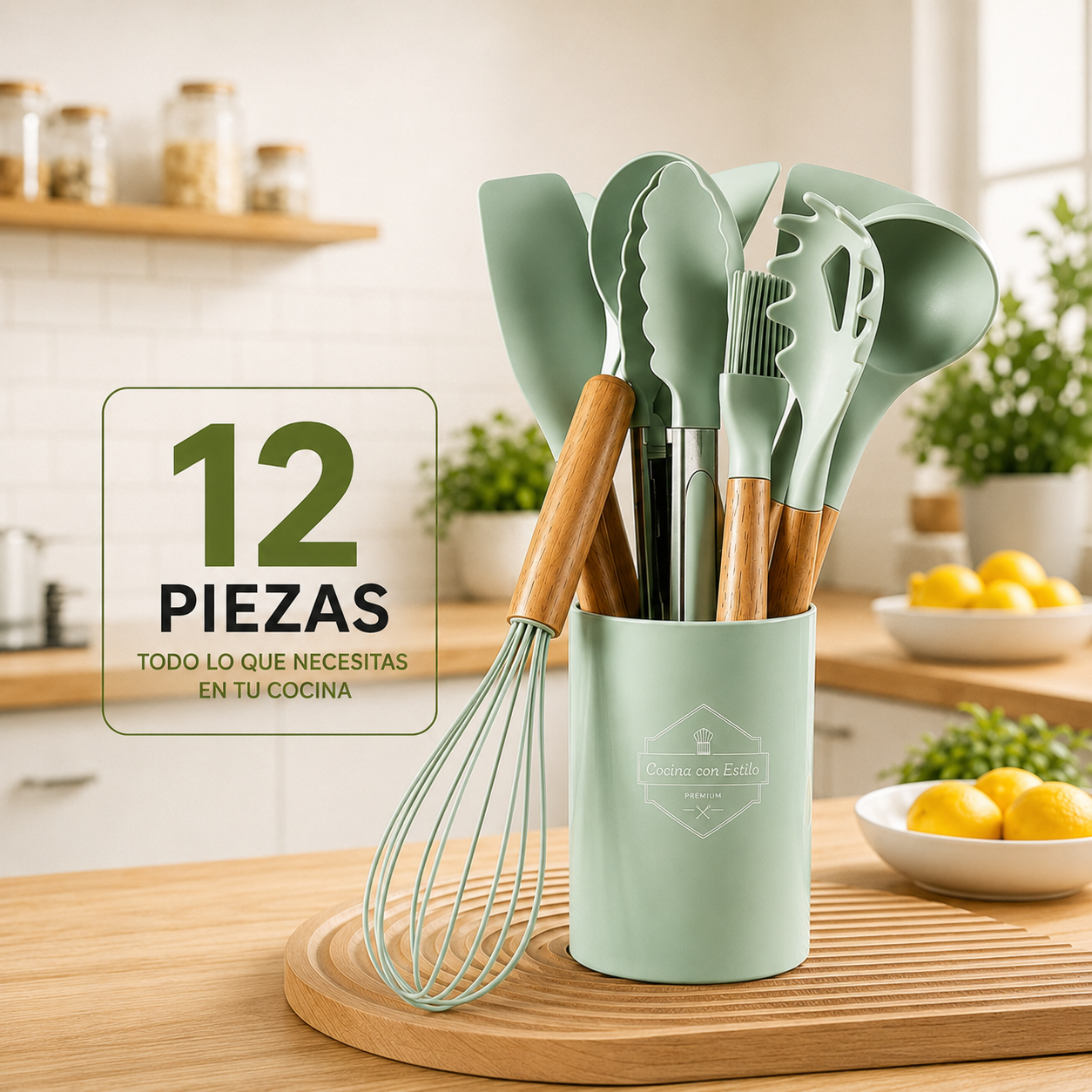 Set De Utensilios Para Cocina X12 Piezas En Silicona Verde