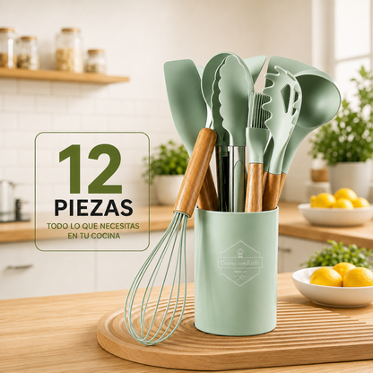 Set De Utensilios Para Cocina X12 Piezas En Silicona Verde