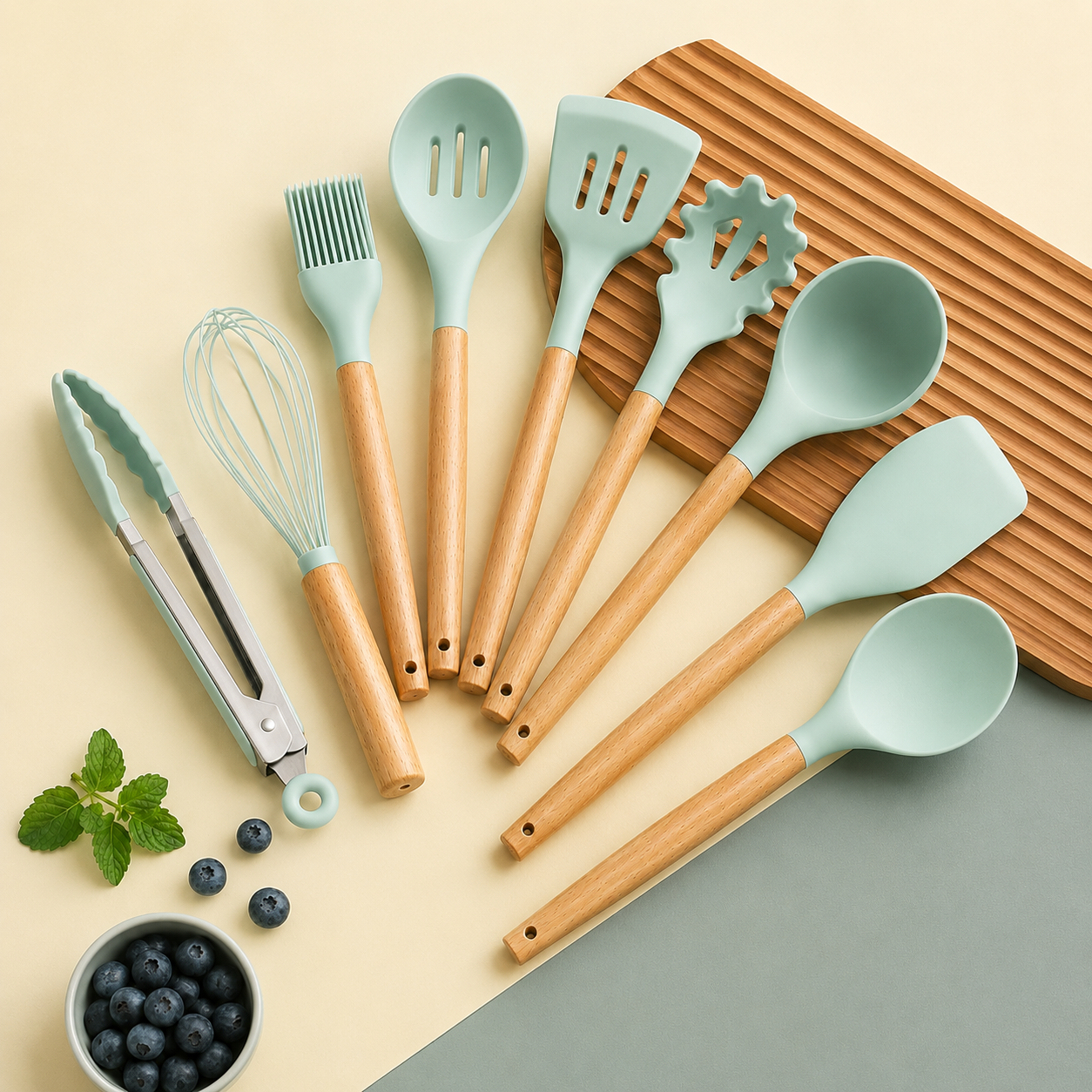 Set De Utensilios Para Cocina X12 Piezas En Silicona Verde