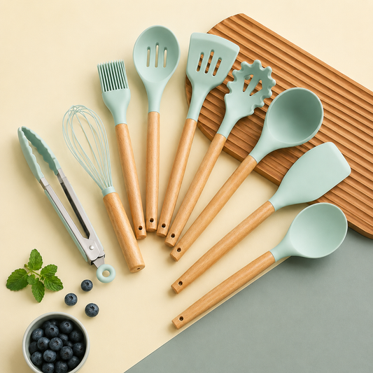 Set De Utensilios Para Cocina X12 Piezas En Silicona Verde