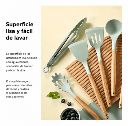 Set De Utensilios Para Cocina X12 Piezas En Silicona Verde